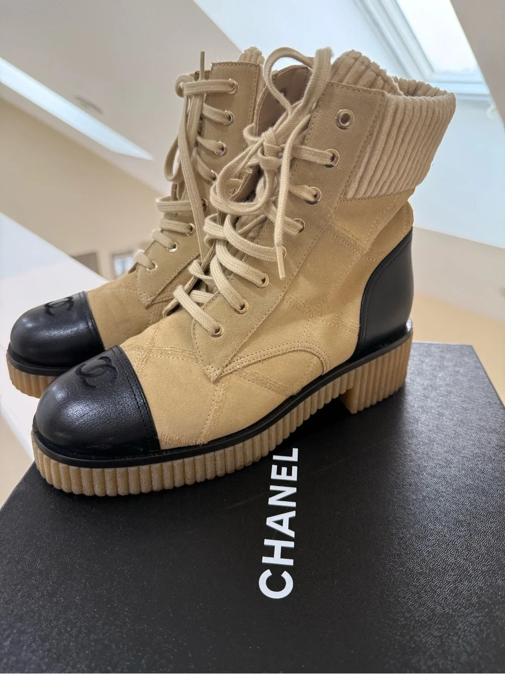 CHANEL Beige Suede and Black Leather Cap-Toe Lace-Up Boots